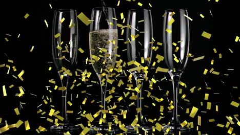 Animation-of-gold-confetti-falling-over-glasses-of-champagne-on-black-background