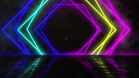 Animation-of-neon-glowing-geometric-diamond-moving--on-black-background.-