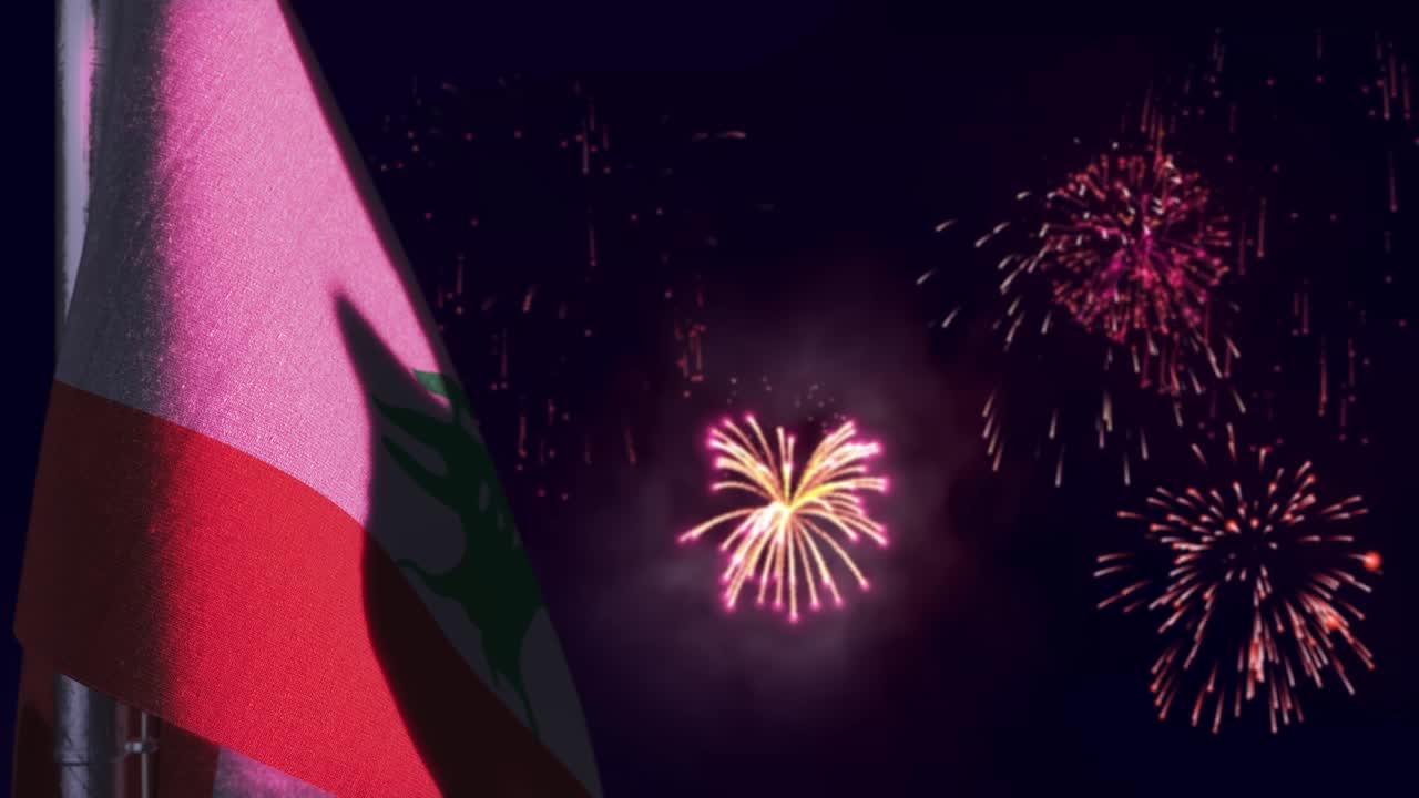 hanging Lebanon flag on fireworks sky bokeh bg