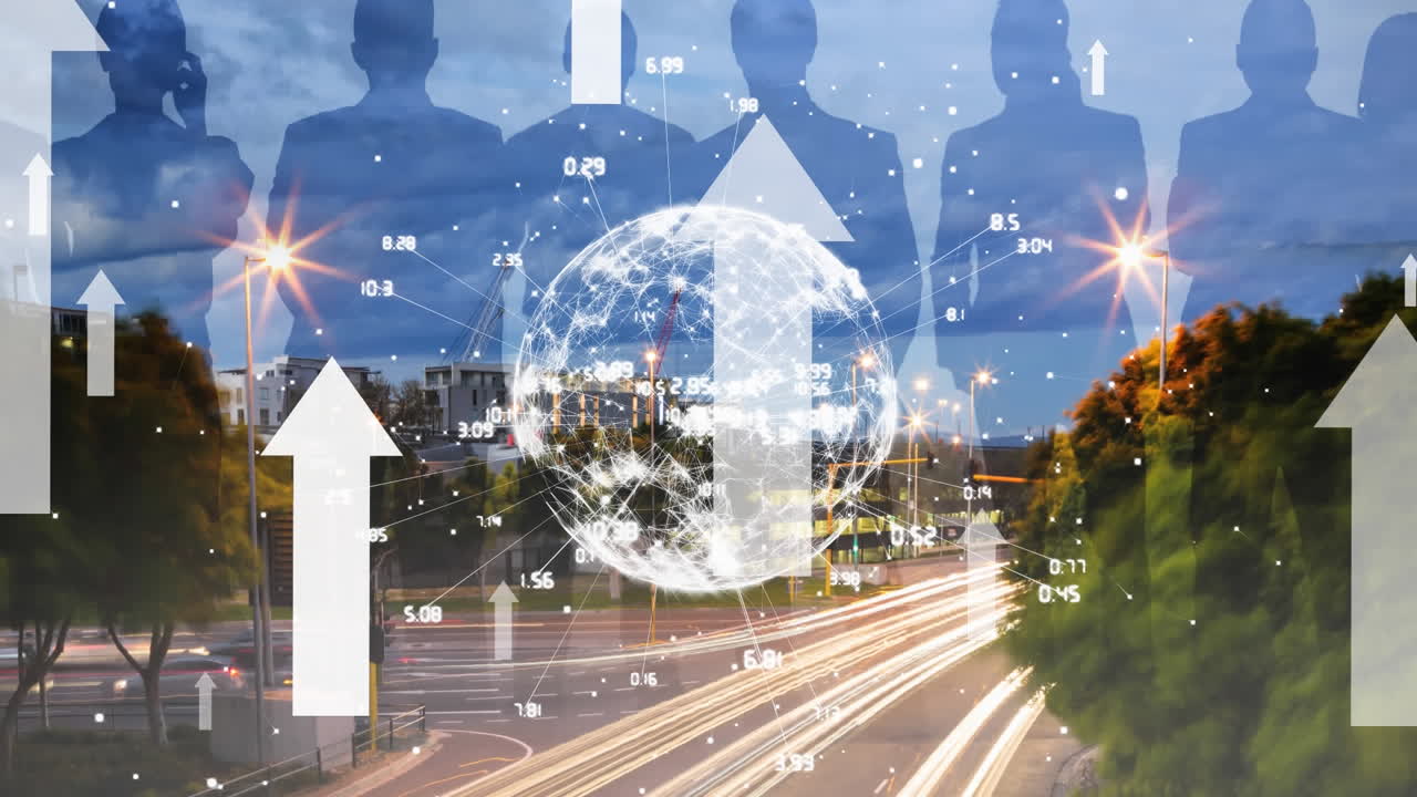 도시 풍경 배경 위를 가리키는 화살표와 연결의 지구의 애니메이션