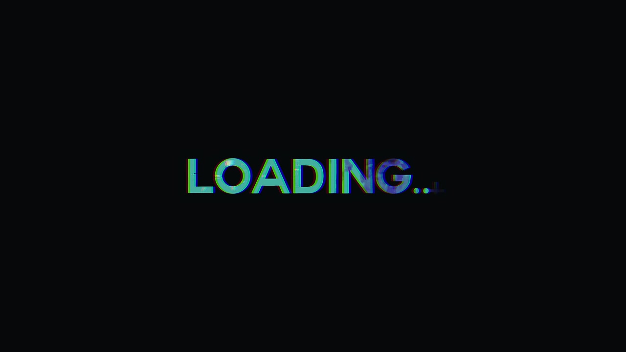 Animatie van laadtekst met glitch-effect op zwarte achtergrond
