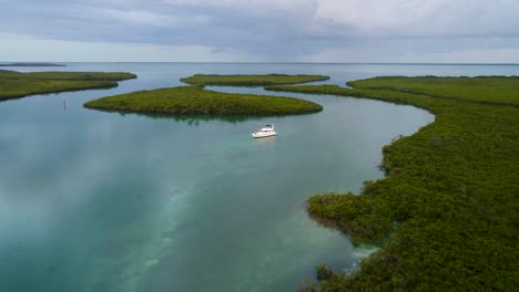 A-low-flying-drone-shot-over-the-clear-blue-water-cutting-through-the-unique-mangrove-environment-during-sunrise,-near-Islamorada-of-the-Florida-Keys,-USA