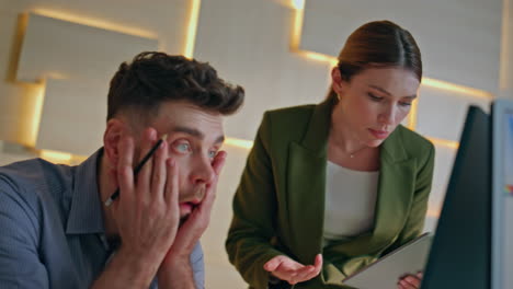 businesswoman dissatisfied subordinate work at corporate office close up.