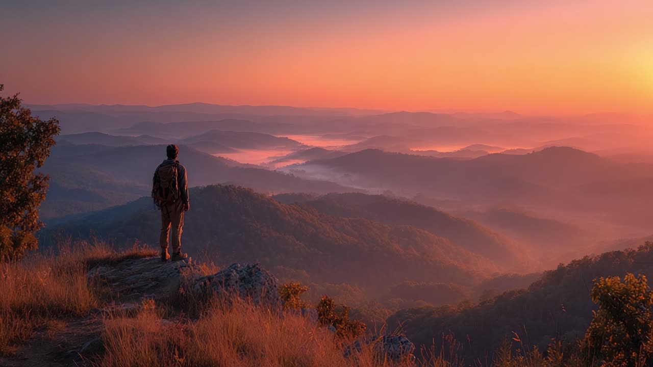 Una figura solitaria si erge su un punto panoramico roccioso, contemplando una valle mozzafiato all'alba, dove la nebbia scorre dolcemente su colline ondulate bagnate dal caldo bagliore del sorgere del sole.