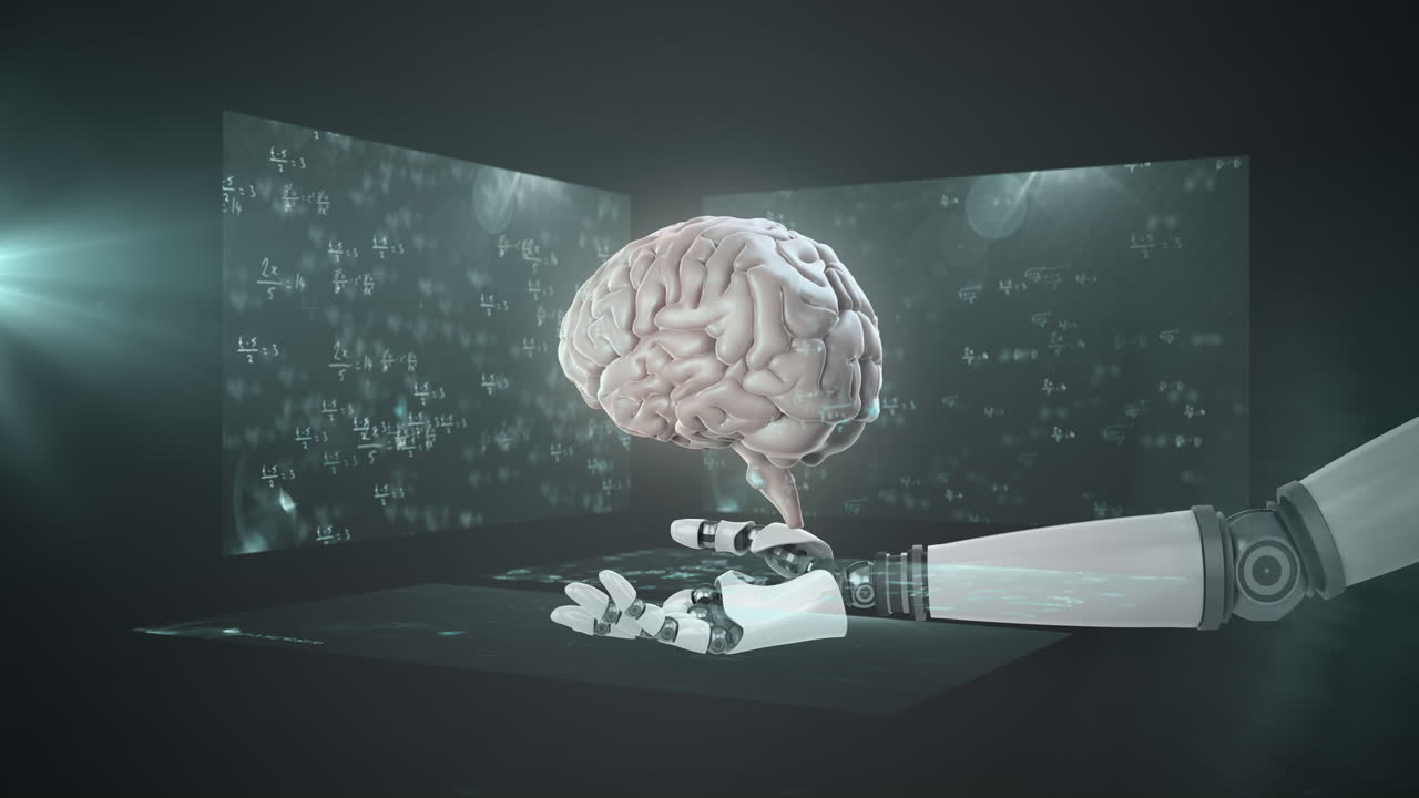 Animation of robotic arm with brain over mathematical equations