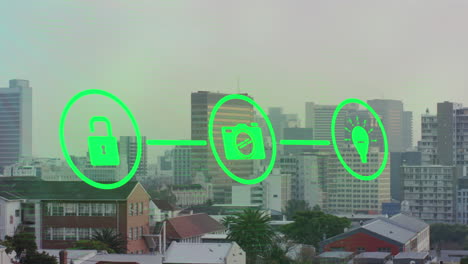 animación de una red verde neón de iconos digitales contra una vista aérea del paisaje urbano