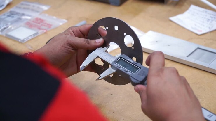 Female manufacturing engineer using caliper to measure material, close up