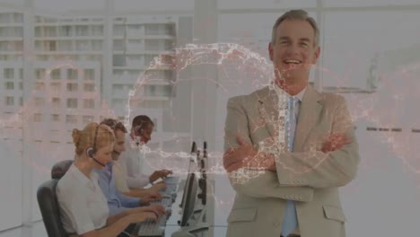 Human-brain-spinning-against-portrait-of-caucasian-senior-businessman-smiling-at-office