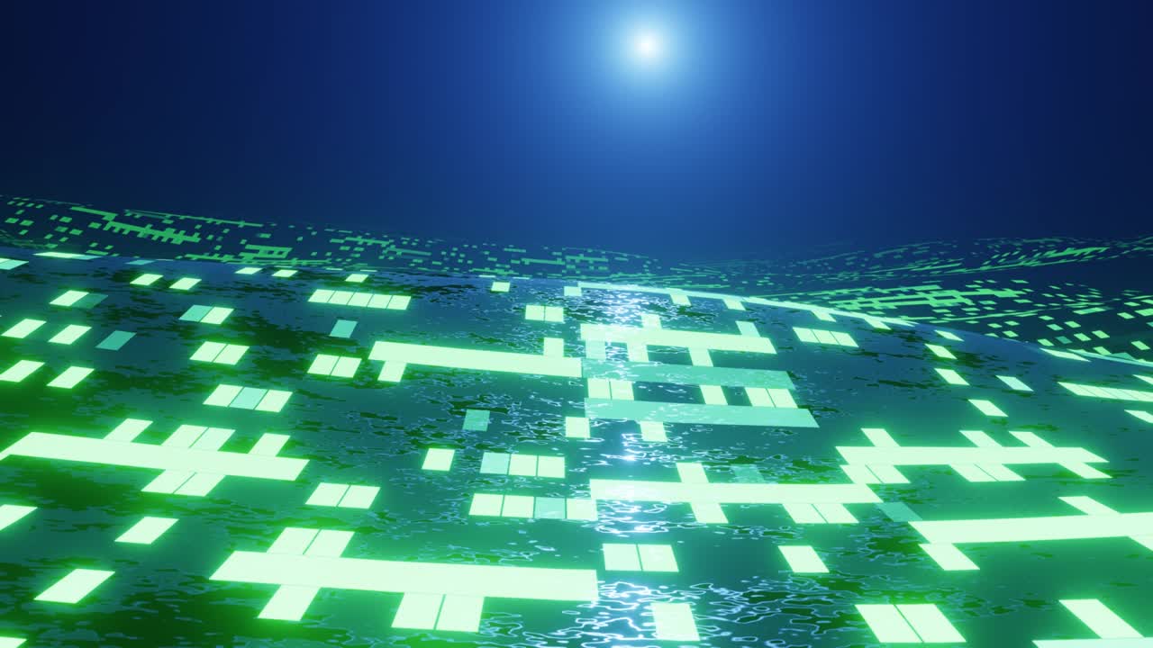 4k looped animation. Flight over hi tech pattern on plane surface, neon glow, complex structure. 3d objects form sci fi surface 3d pattern. Information technology.