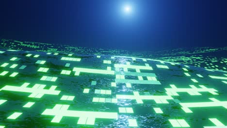 4k looped animation. flight over hi tech pattern on plane surface, neon glow, complex structure. 3d objects form sci fi surface 3d pattern. information technology.