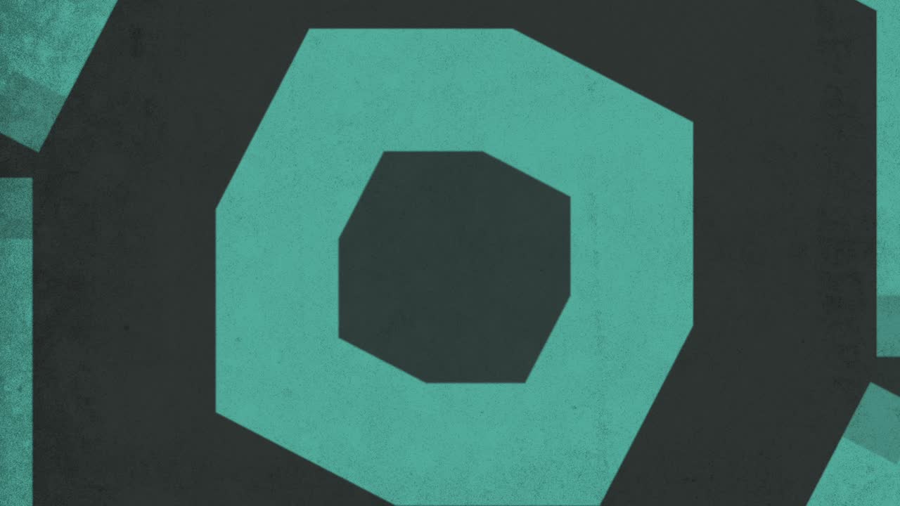 Modern abstract design featuring a blue and black pattern with small squares and rectangles arranged in a circular shape, with a central circle