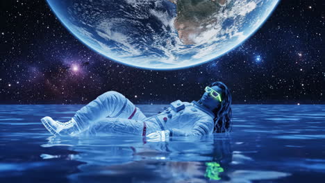 astronaut floating in cosmic waters with earth view