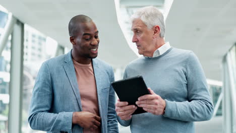 discussion, leadership and men with tablet