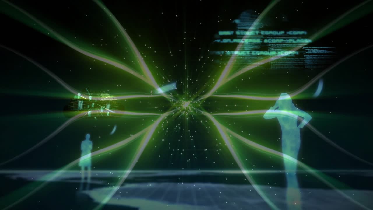 Green nexus pulsing, sending beams, spawning panels as two holographic figures observing for review