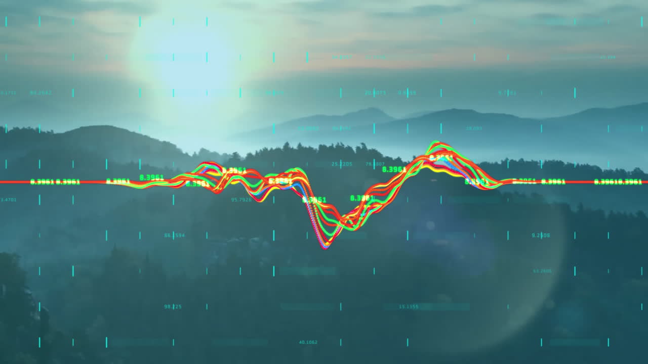 animación de gráficos de datos financieros sobre el paisaje de montaña