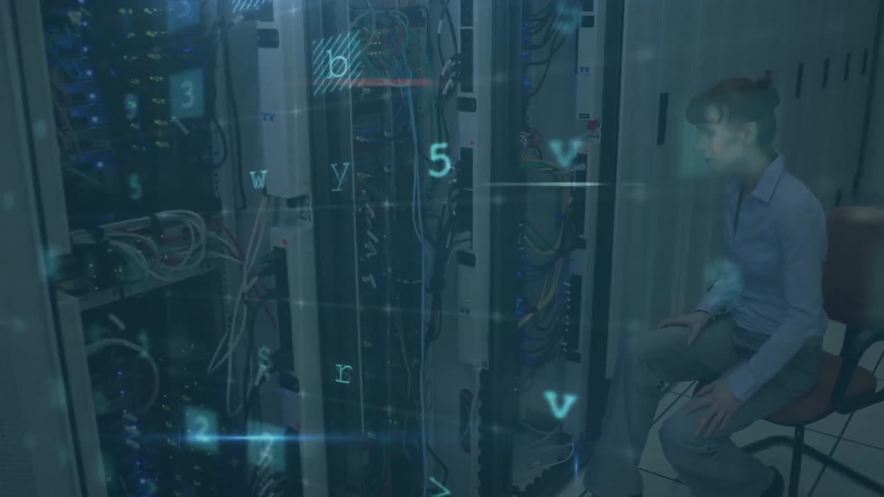 Animation of cyber attack text and data processing over caucasian female it technician by server