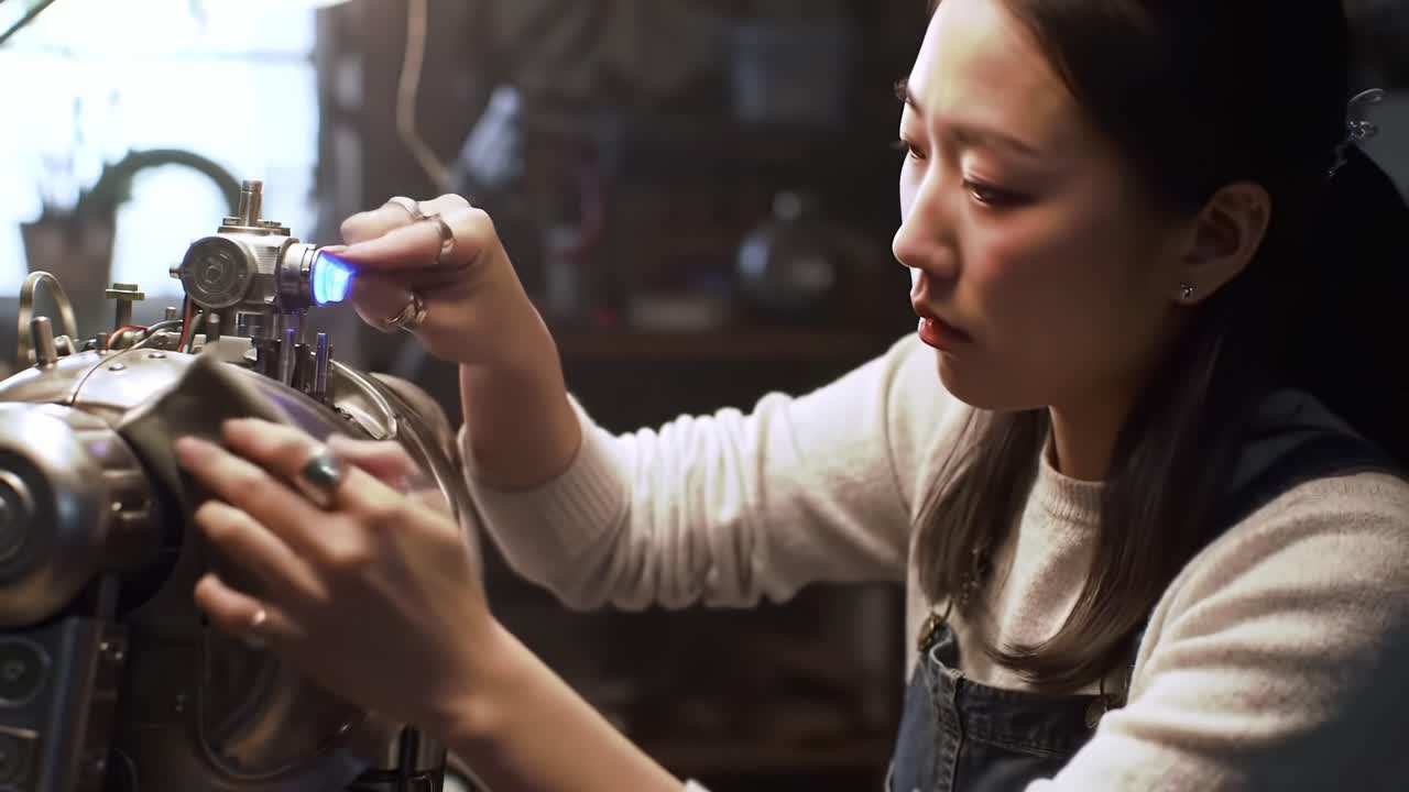 Crafting a Robotic Masterpiece: A Young Artist Skillfully Assembles and Polishes a Metallic Sculpture with Precision in a Dimly Lit Workshop