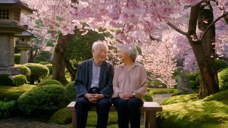 elderly couple enjoying cherry blossoms in a japanese garden