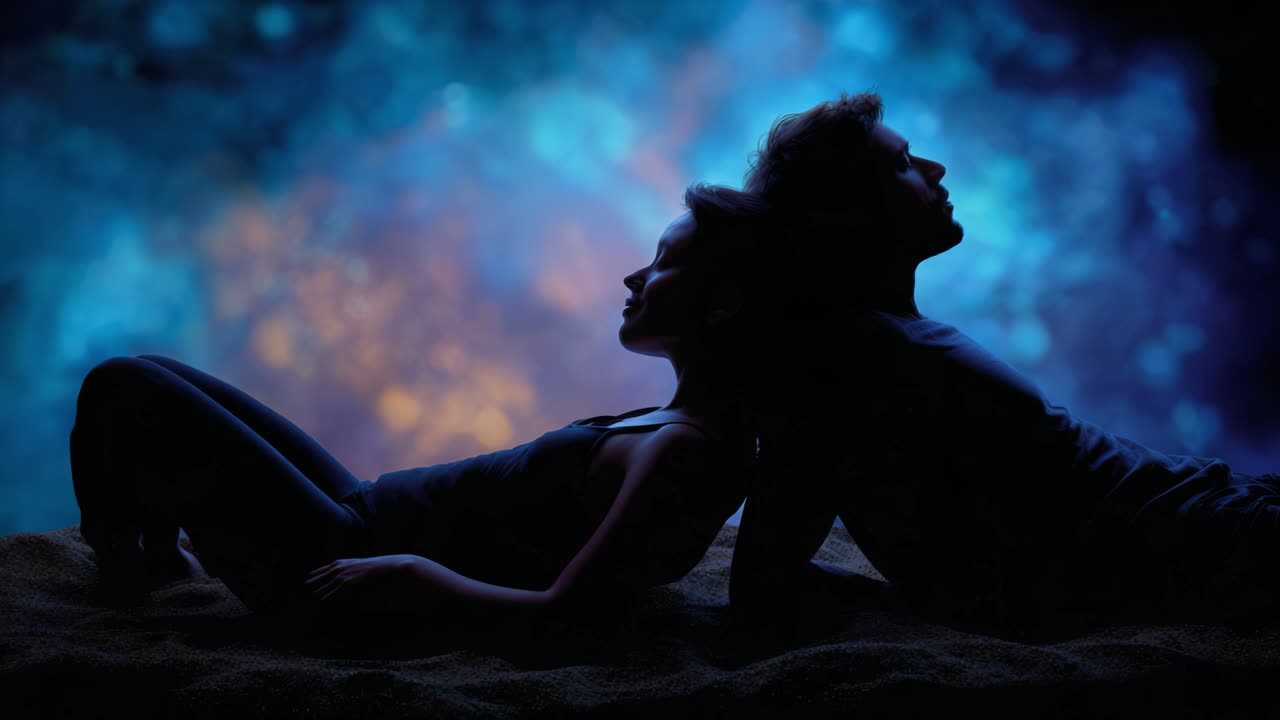 Ein ruhiger Moment der Verbundenheit: Zwei Silhouetten, die sich vor einem mystischen kosmischen Hintergrund aneinanderlehnen und Emotionen und Intimität hervorrufen