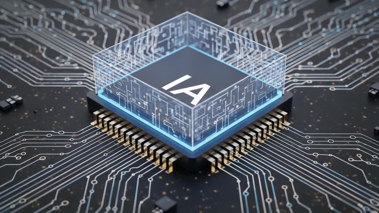 Futuristic Microchip Design Integrating Artificial Intelligence Technology Showcased in an Electronic Circuit Background with High-Tech Features