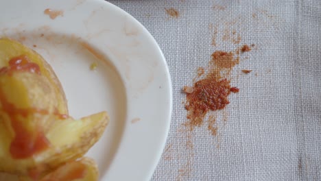 close-up of a sauce stain on a tablecloth next to a plate with food