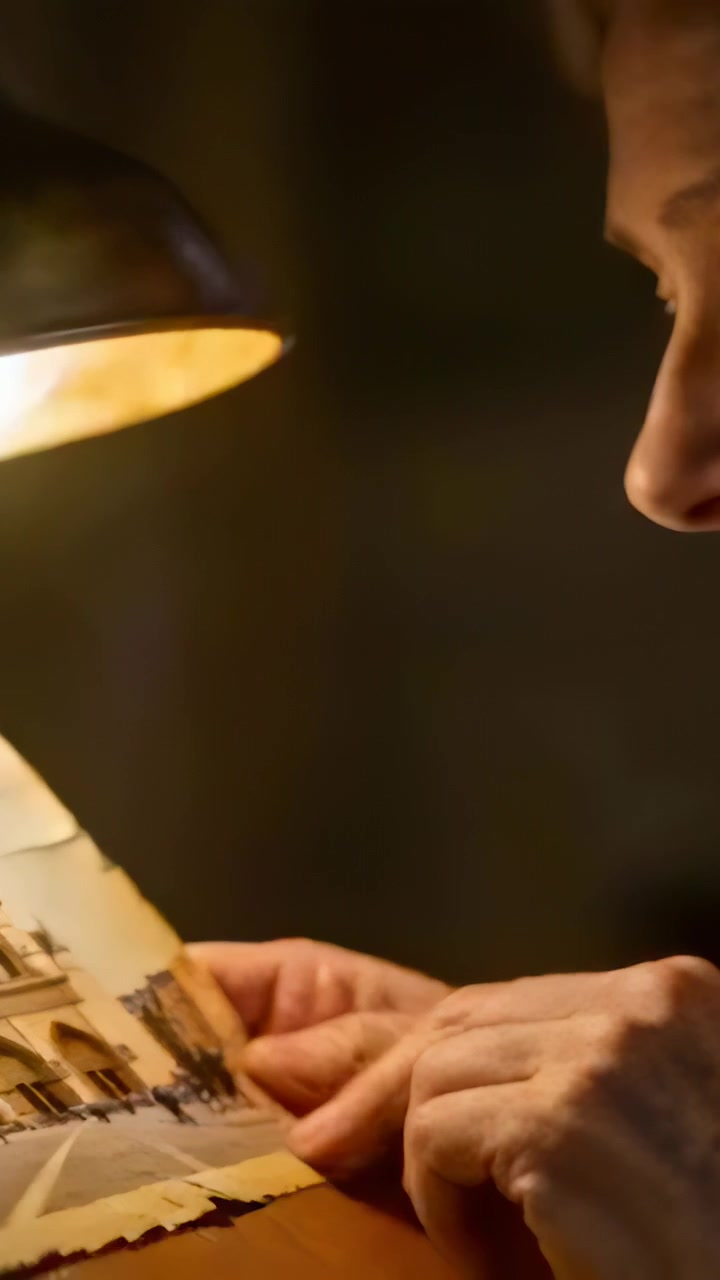 Vertical video: Warm lamp lighting man inspecting torn print at study table, studying details