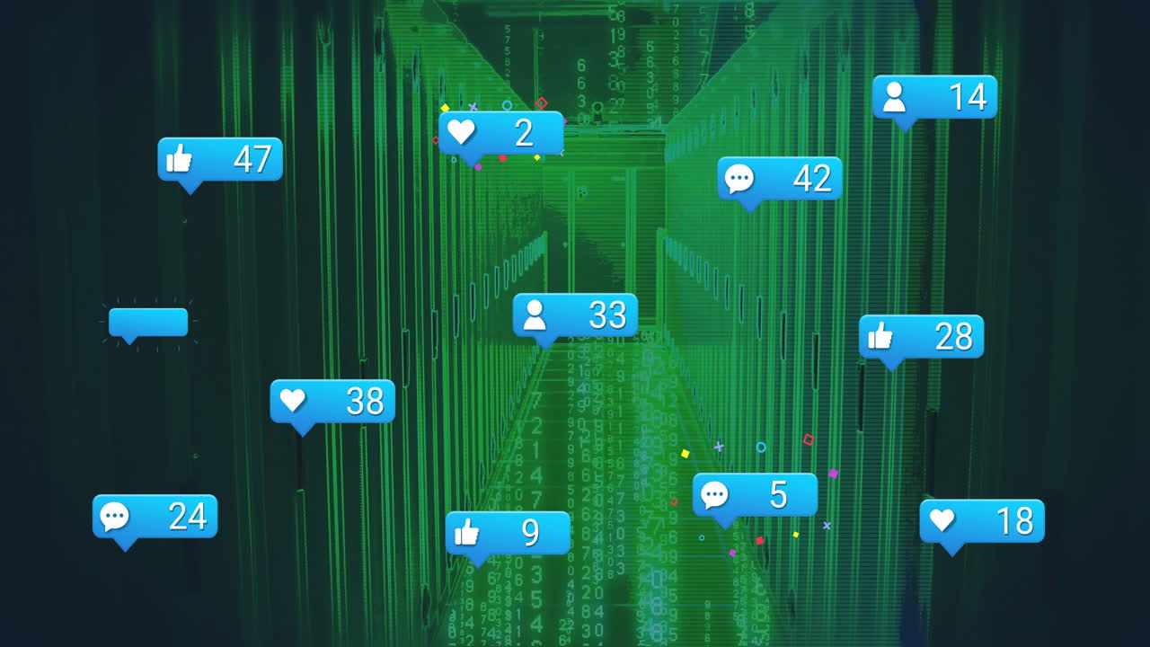 Social media notifications animation over data center with binary code