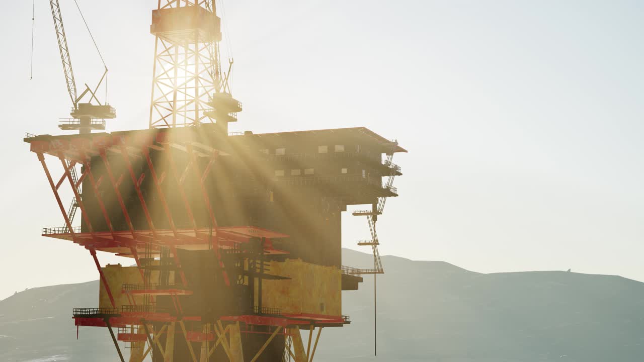 해가 지는 빛 에 있는 해상 석유 플랫폼