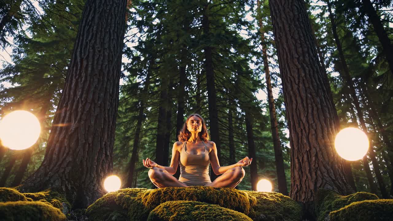 Low-angle shot of a woman meditating in a forest, surrounded by glowing orbs, creating a serene