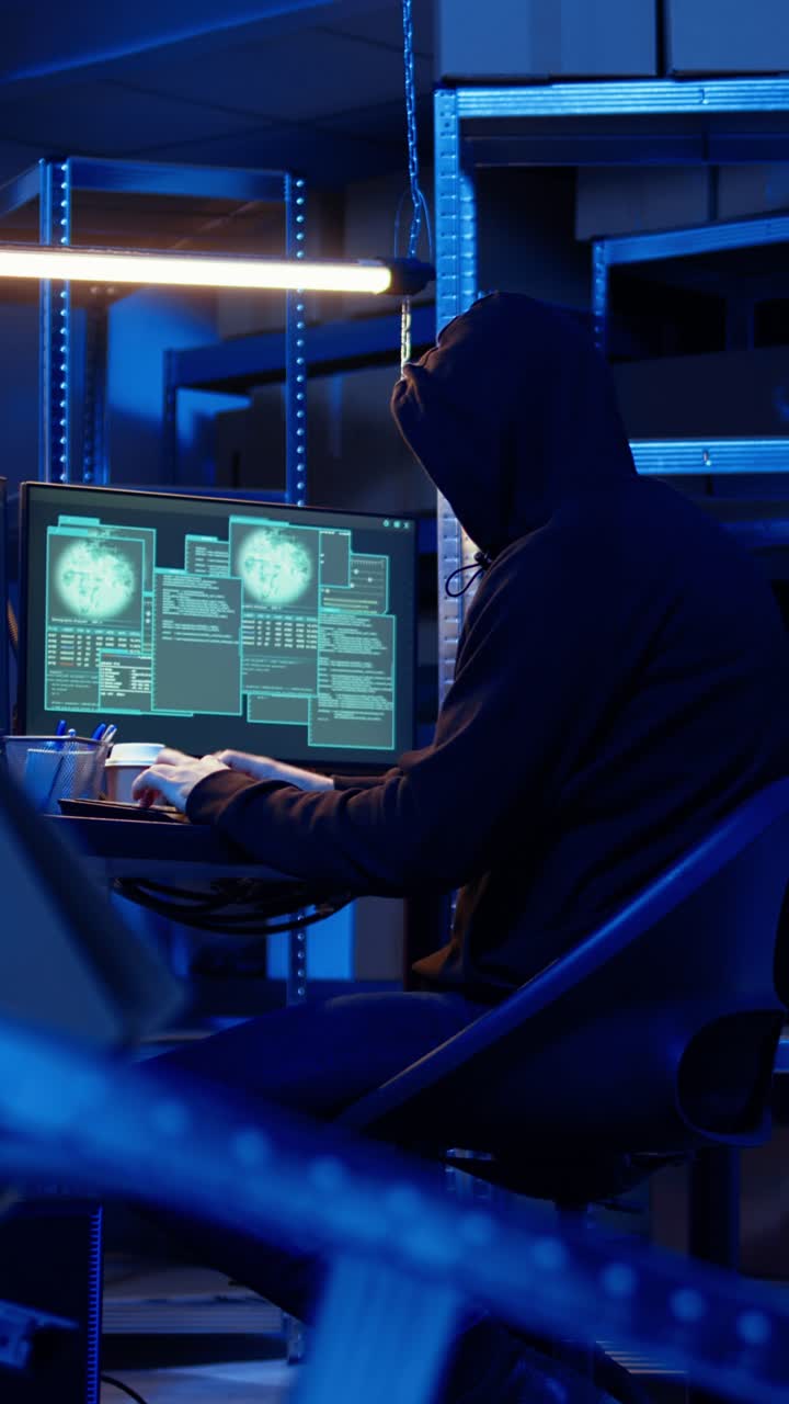 Vertical video Hacker getting past digital devices security and stealing valuable sensitive data