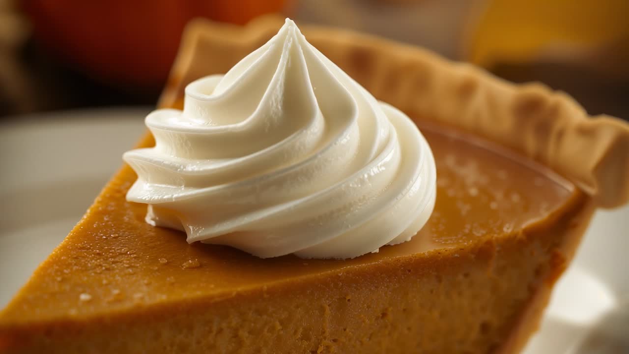 Capturing camera focusing on slice of pumpkin pie on plate in kitchen with whipped cream topping