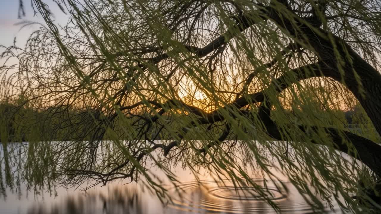 Capturing the Serenity of Nature: A Beautiful Sunset Reflected on Water with Gentle Ripples Beneath a Willow Tree's Graceful Weeping Branches