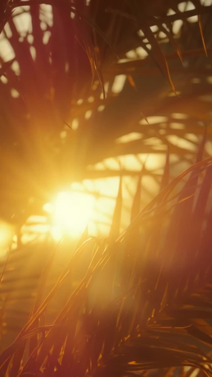 Vertical video: Breeze shifting palm fronds and sun disk light, creating lens flares in tropics
