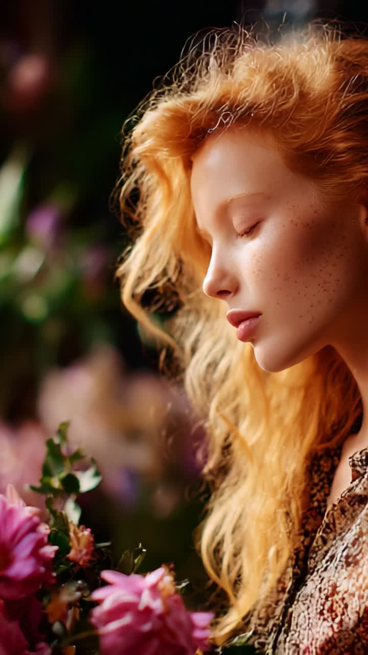 Un ritratto di serena bellezza: catturare l'essenza di una giovane donna circondata da fiori rigogliosi e dalla luce naturale e soffusa in un'atmosfera da sogno