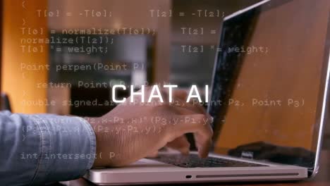 animación de texto de inteligencia artificial y datos sobre hombre afroamericano usando computadora.