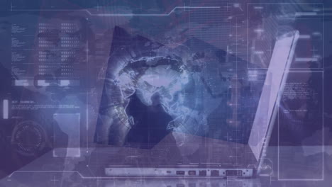 animación del procesamiento de datos y el mundo sobre el hombre de negocios que trabaja en una computadora portátil