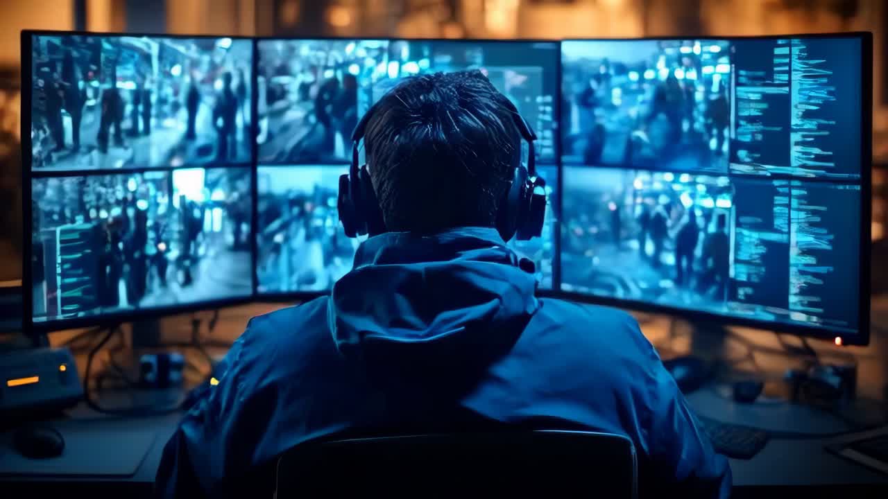 Security man controlling multiple monitors displaying various surveillance images.