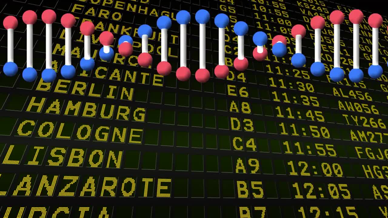 공항 정보 게시판에 대해 회전하는 dna 구조의 디지털 애니메이션