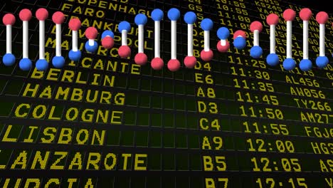 Animación-Digital-De-La-Estructura-Del-ADN-Girando-Contra-El-Panel-De-Información-Del-Aeropuerto.