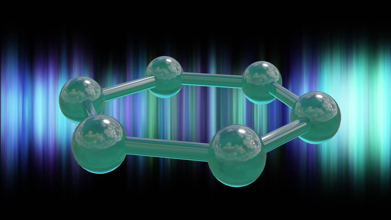 검은색 배경에 녹색 빛 트레일 위에 분자의 3d 마이크로의 애니메이션