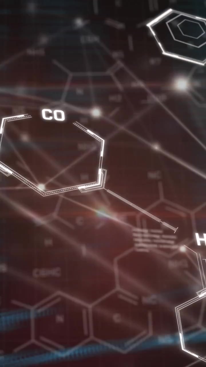 Animation of network of connections and chemical structures over data processing on red background