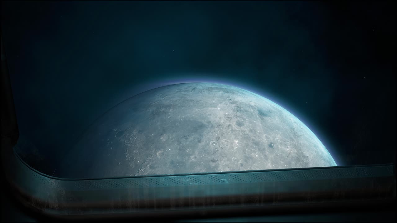 View Of Window From Spaceship With Moon