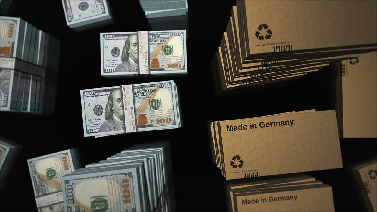 Made-in-Germany-Box und US-Dollar-Geldbündel 3D-Animation in Schleife