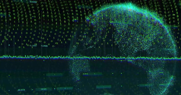 3D particle-based digital globe forming on right, streaming green binary digits with cyan labels