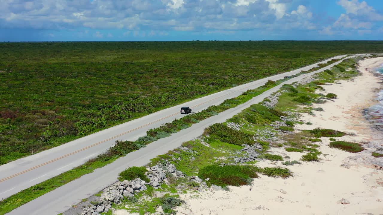 cozumel mexico의 광활한 정글로 둘러싸인 긴 빈 해안선 도로에서 운전하는 자동차