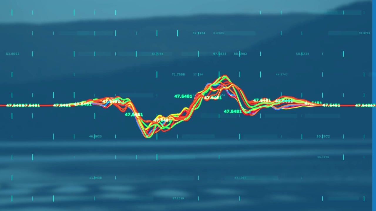 Animation of financial data processing against landscape with mountains