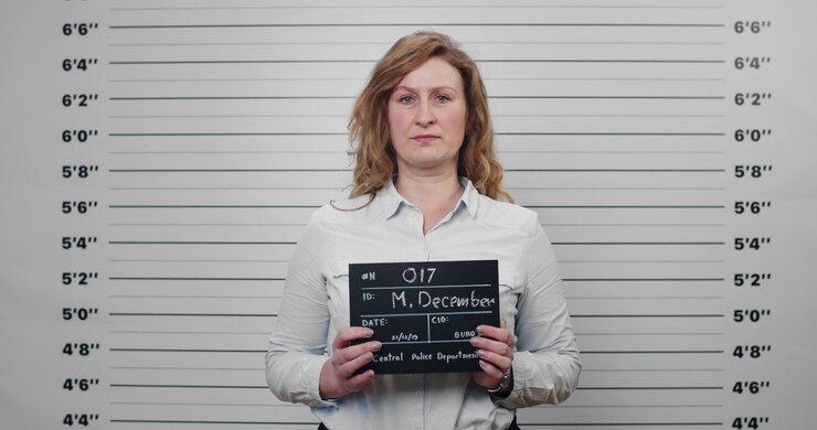 Donna in posa per la foto segnaletica della polizia mentre tiene in mano il cartello identificativo