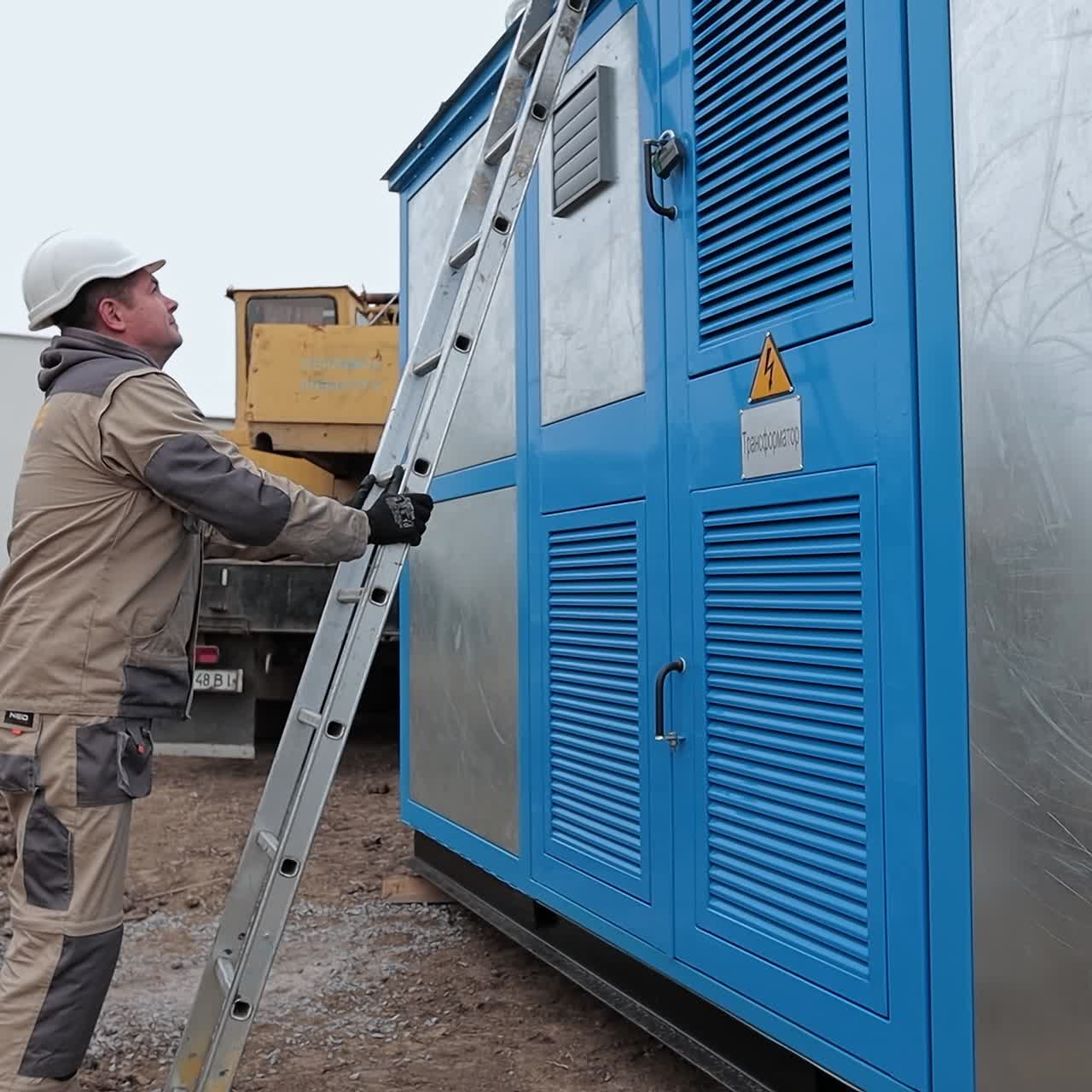 Industrial workers installing construction. Handsome professional electricity engineers