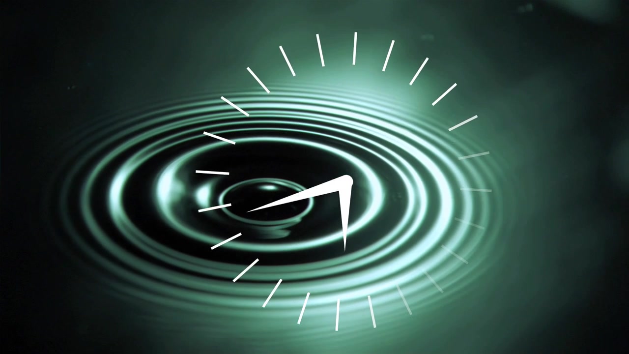 Upper-left droplets falling, striking plane, creating ripples while clock rotating visualizing time