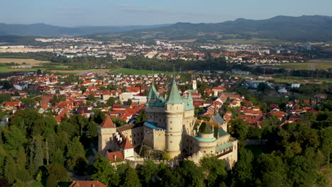 revealing drone shot of bojnice castle, castle of spirits, in slovakia